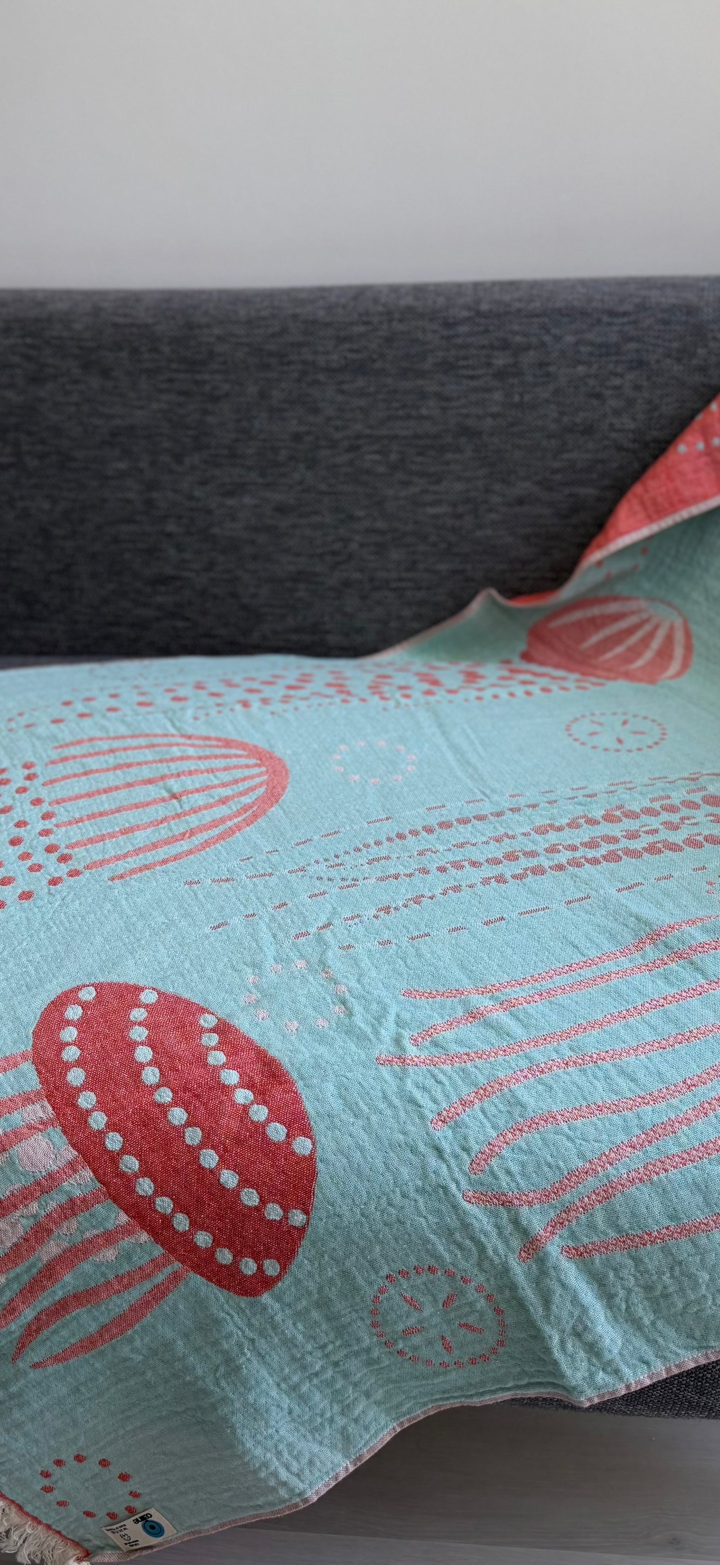 100% cotton Jelly Fish towel/throw, Coral & Turquoise