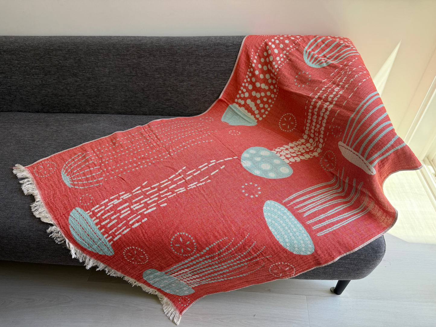 100% cotton Jelly Fish towel/throw, Coral & Turquoise