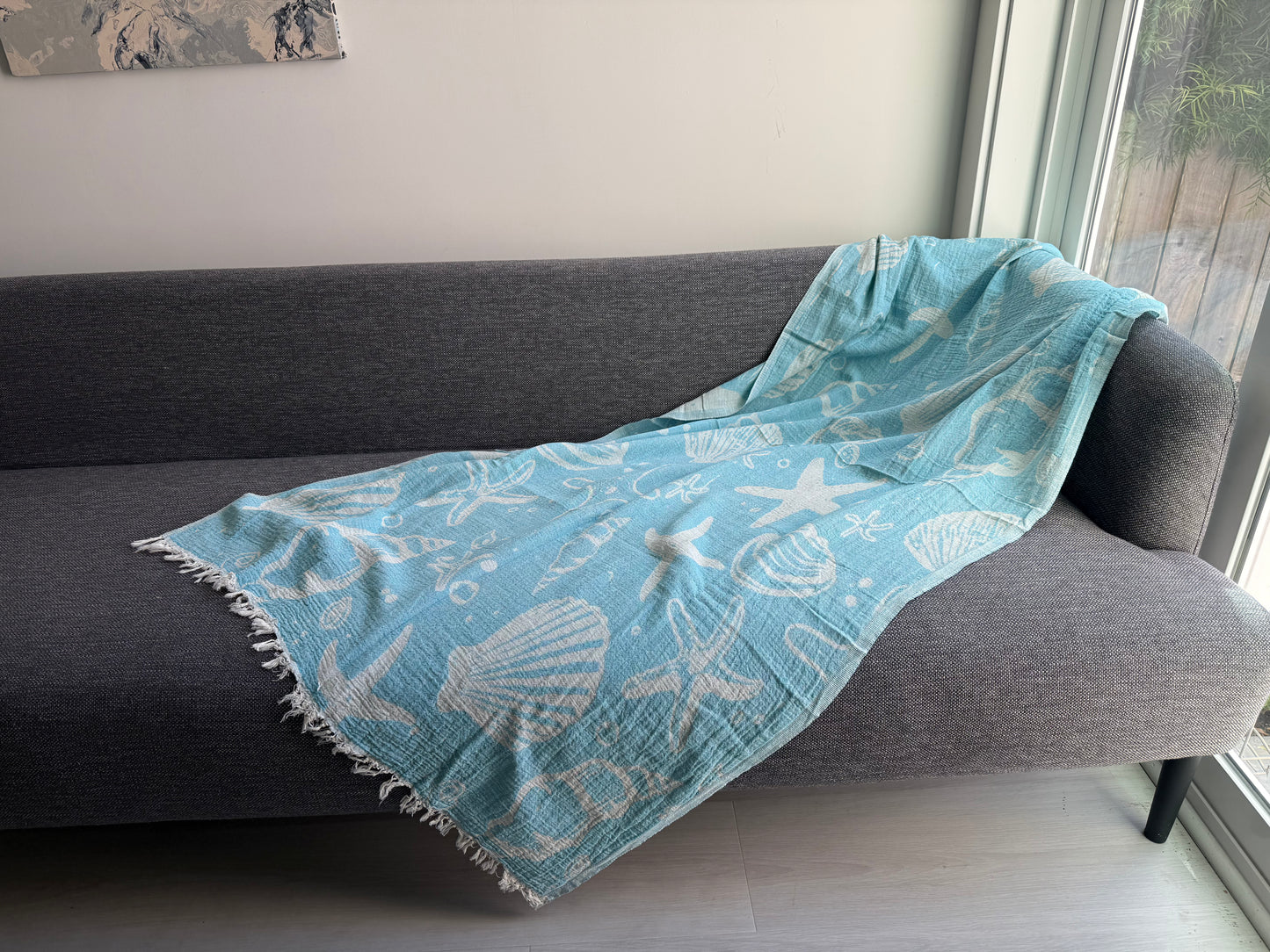 Beach Towel - Sea shells - blue & beige