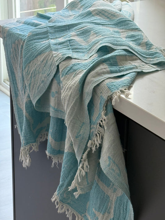 Beach Towel - Sea shells - blue & beige