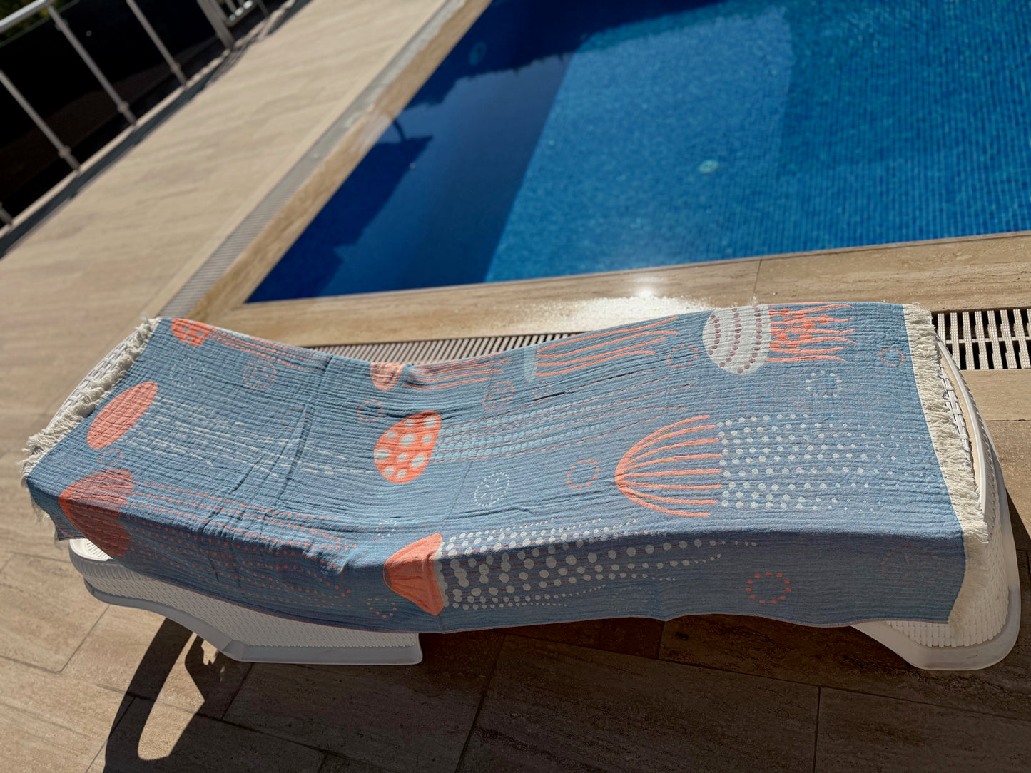 100% cotton Jelly Fish towel/throw, Denim & Orange