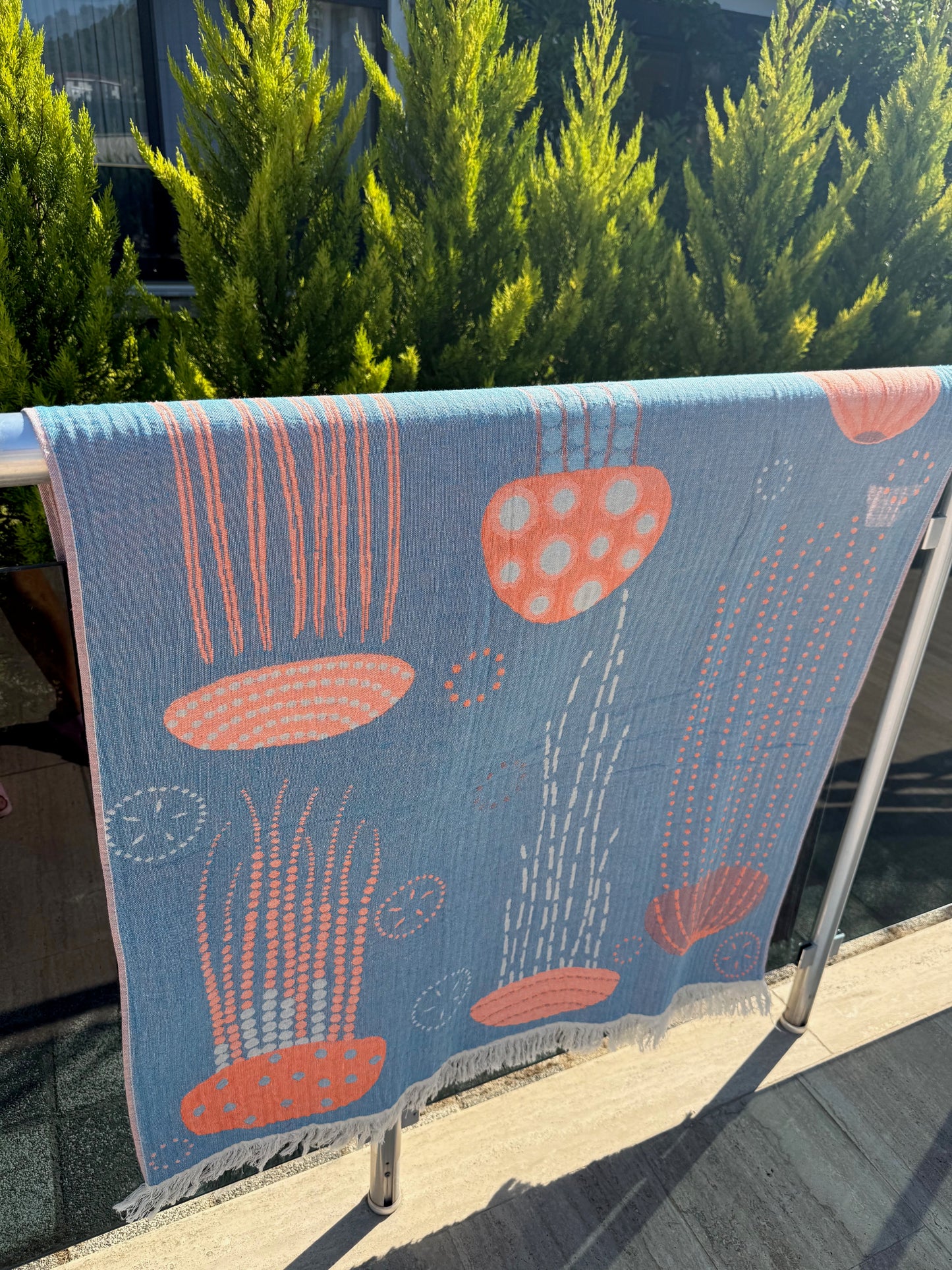 100% cotton Jelly Fish towel/throw, Denim & Orange