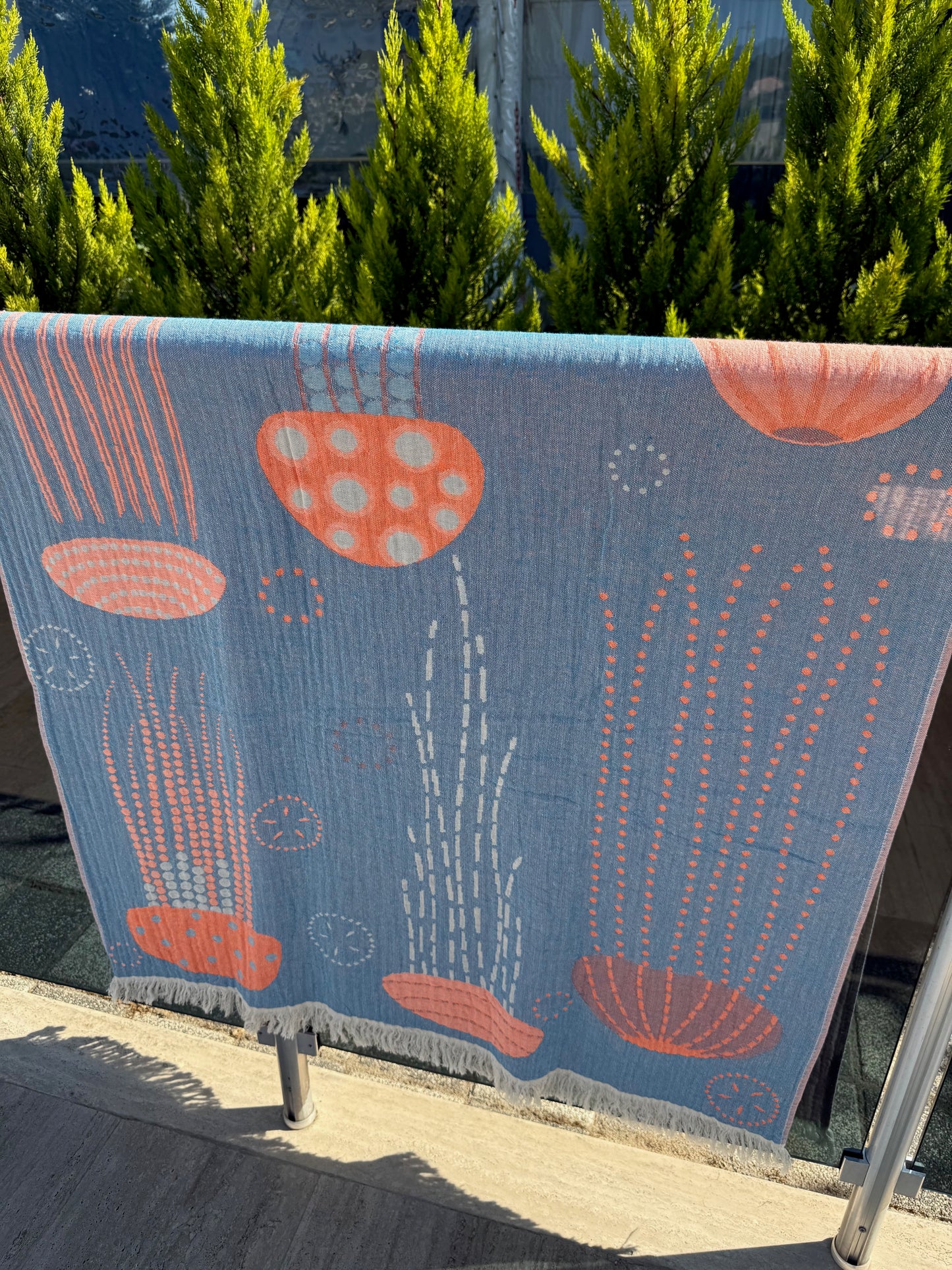 100% cotton Jelly Fish towel/throw, Denim & Orange