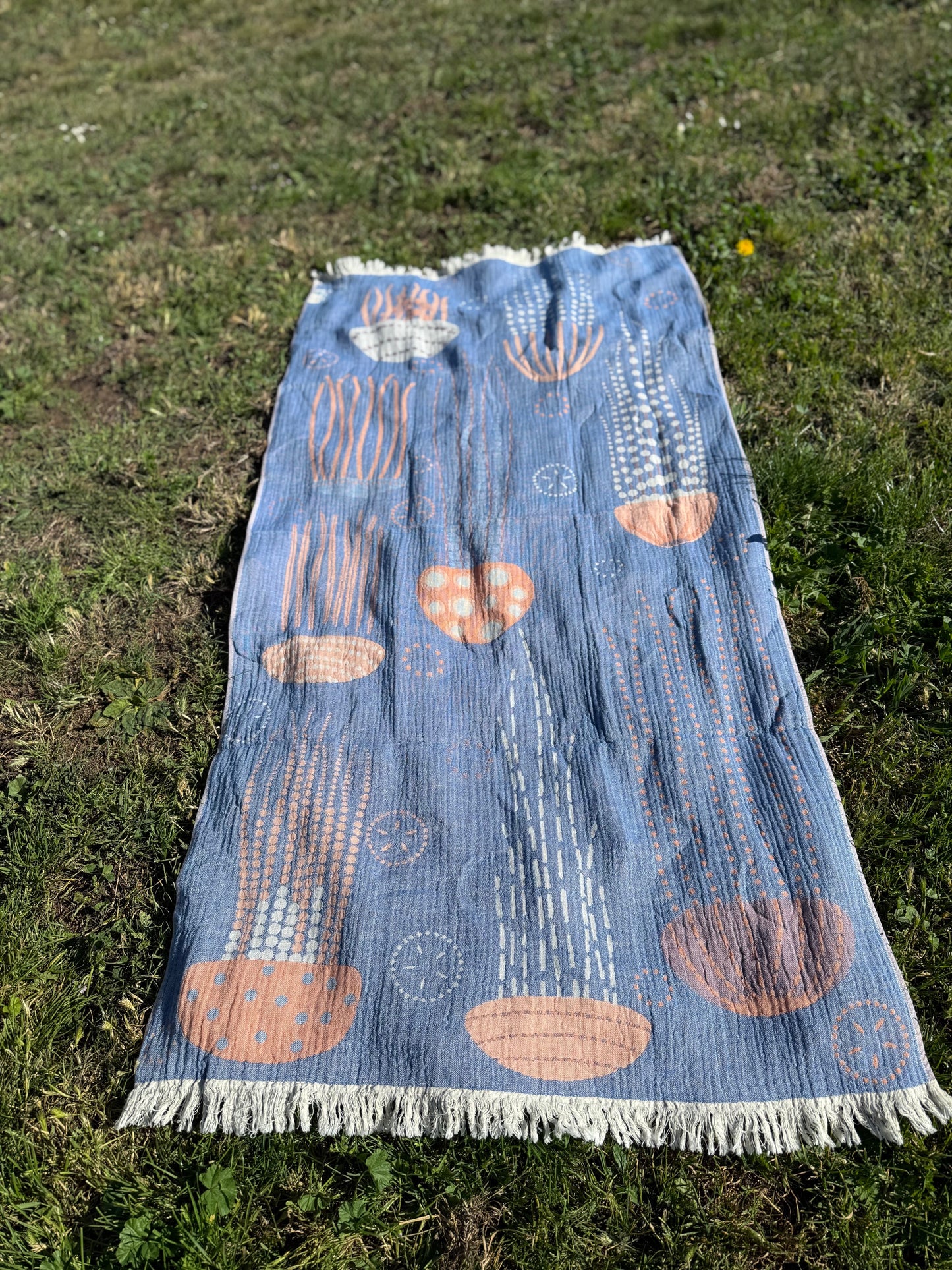 100% cotton Jelly Fish towel/throw, Denim & Orange