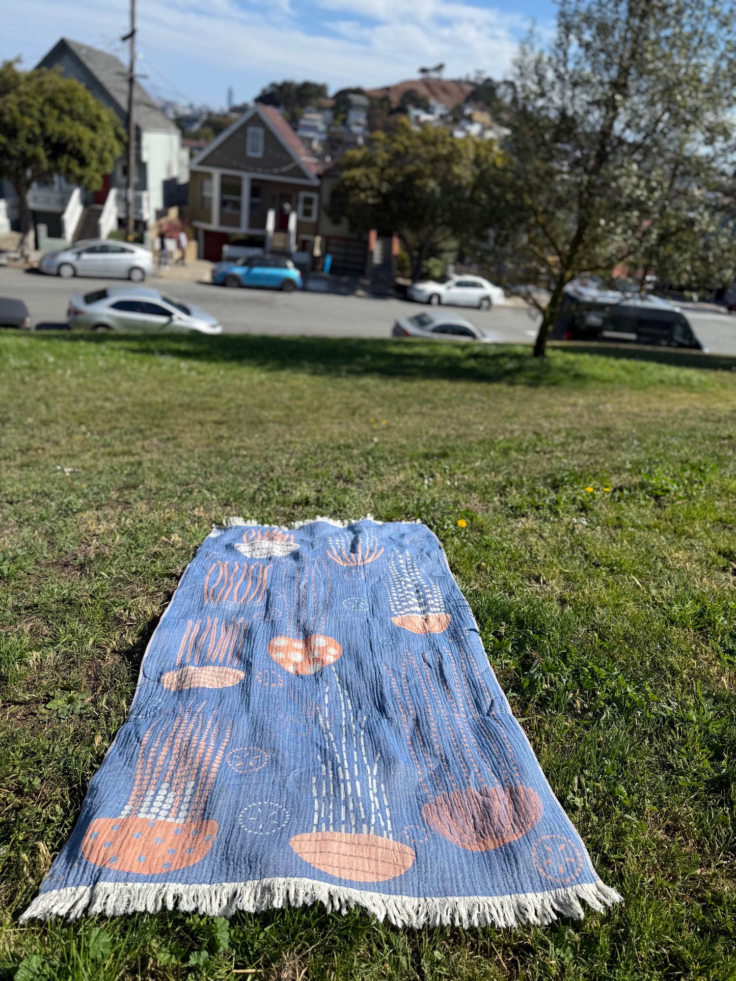 100% cotton Jelly Fish towel/throw, Denim & Orange