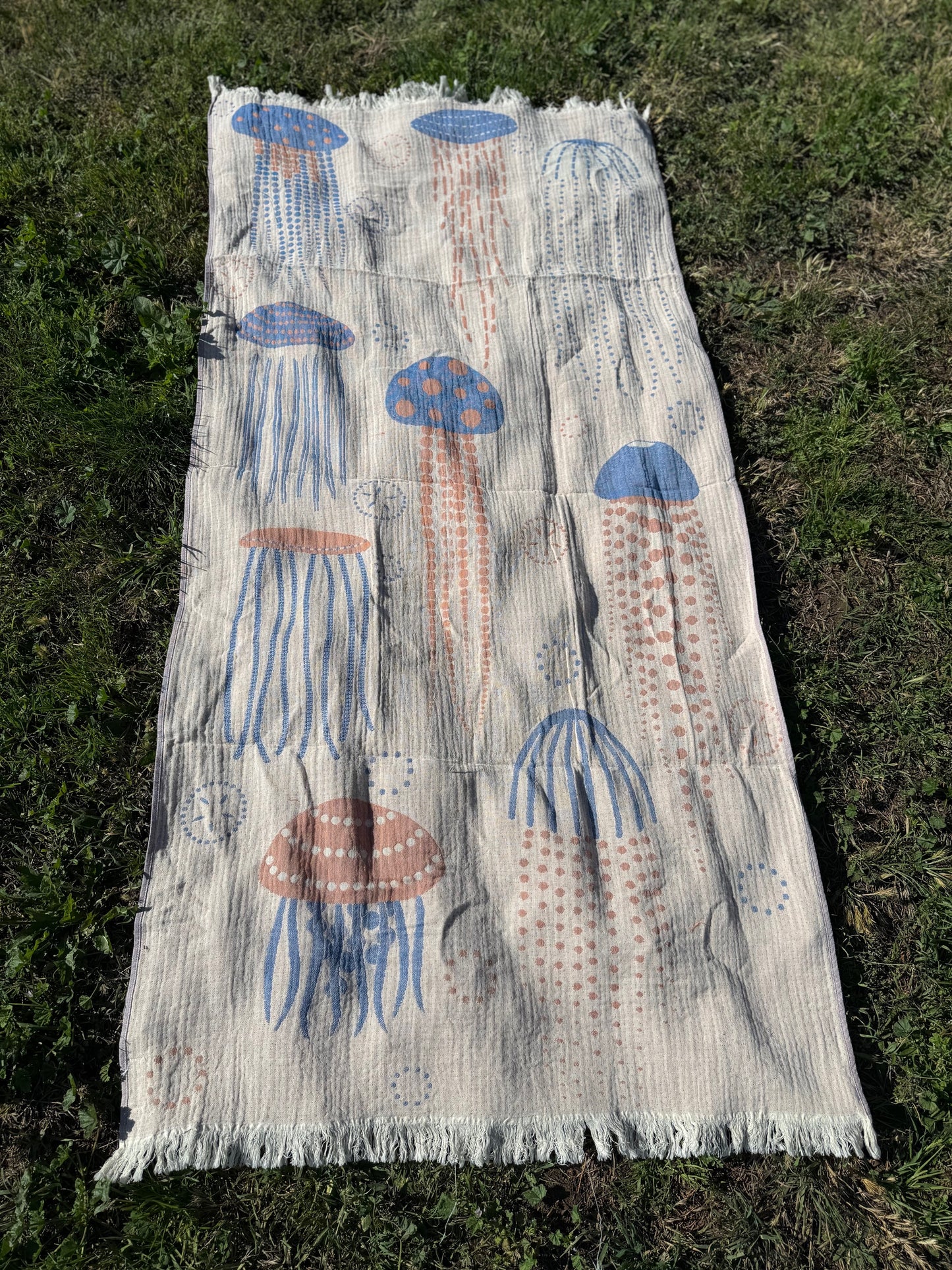 100% cotton Jelly Fish towel/throw, Denim & Orange