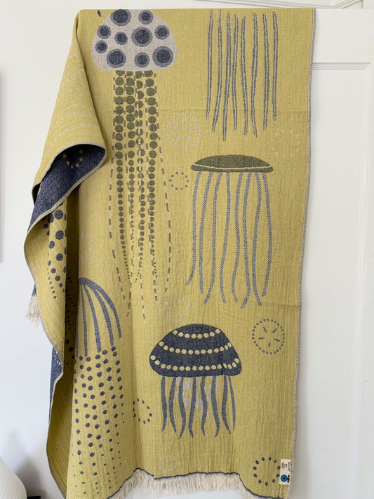 100% cotton Jelly Fish towel/throw, Denim & Yellow