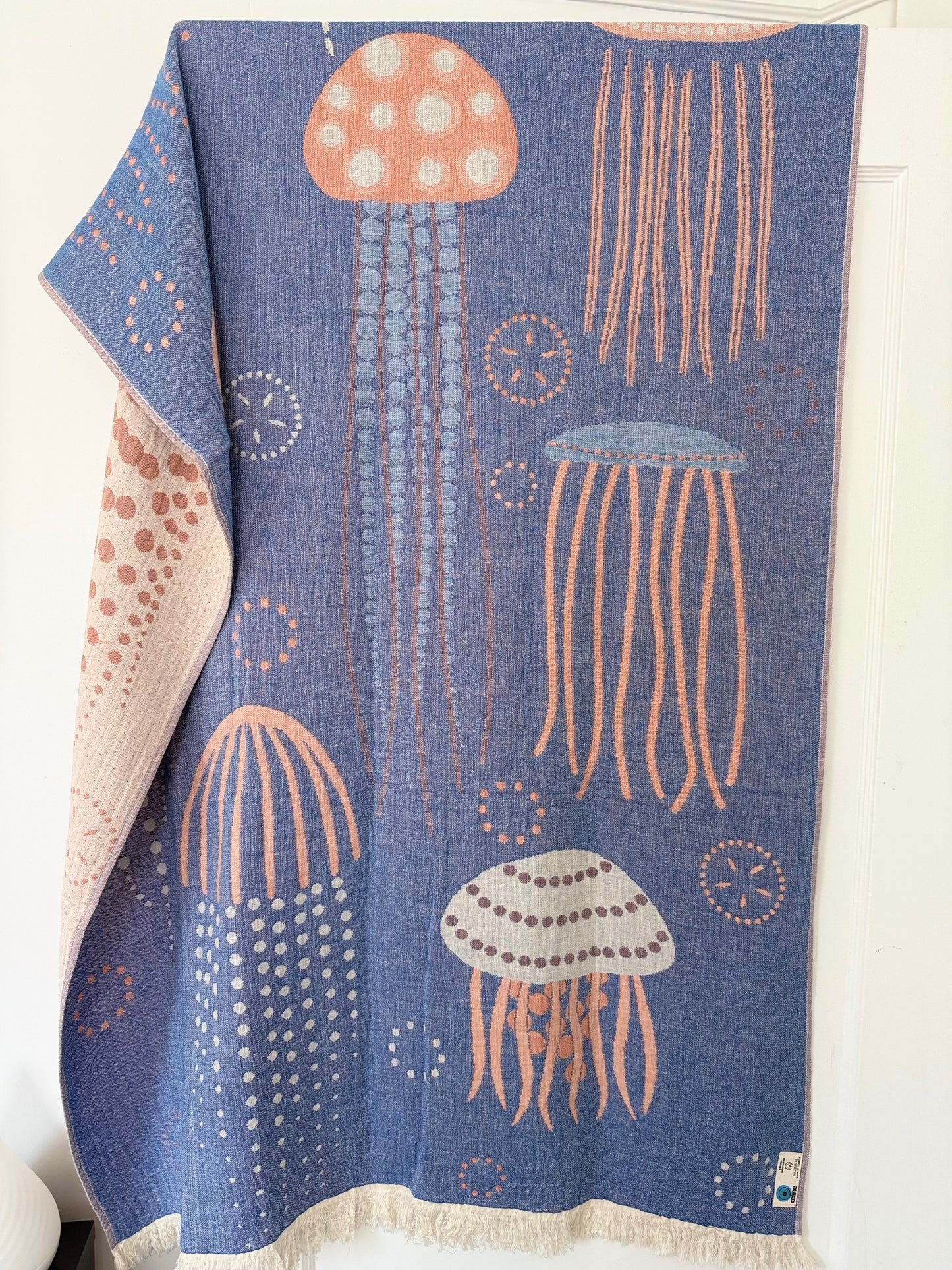 100% cotton Jelly Fish towel/throw, Denim & Orange