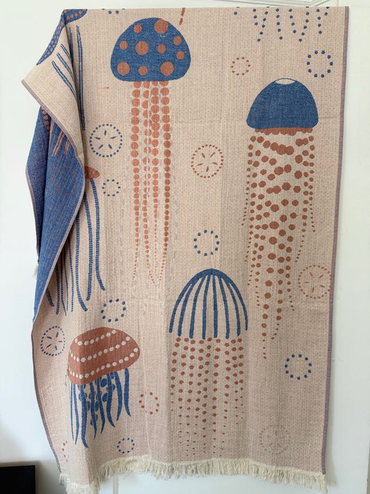 100% cotton Jelly Fish towel/throw, Denim & Orange