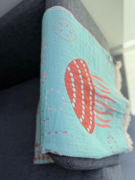 100% cotton Jelly Fish towel/throw, Coral & Turquoise