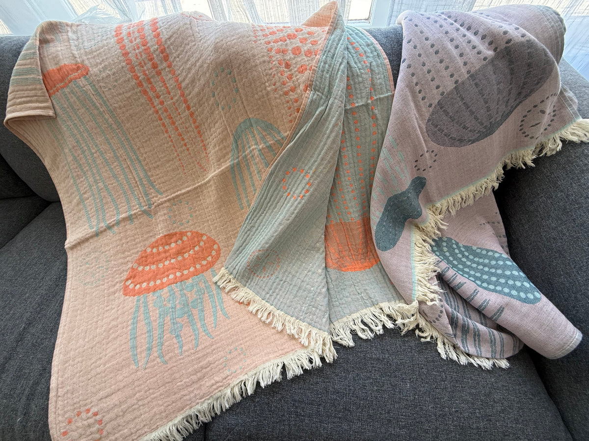 100% cotton Jelly Fish towel/throw, Light Blue & Orange