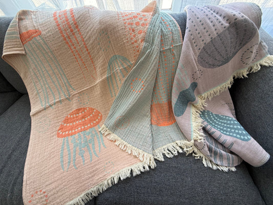 100% cotton Jelly Fish towel/throw, Light Blue & Orange