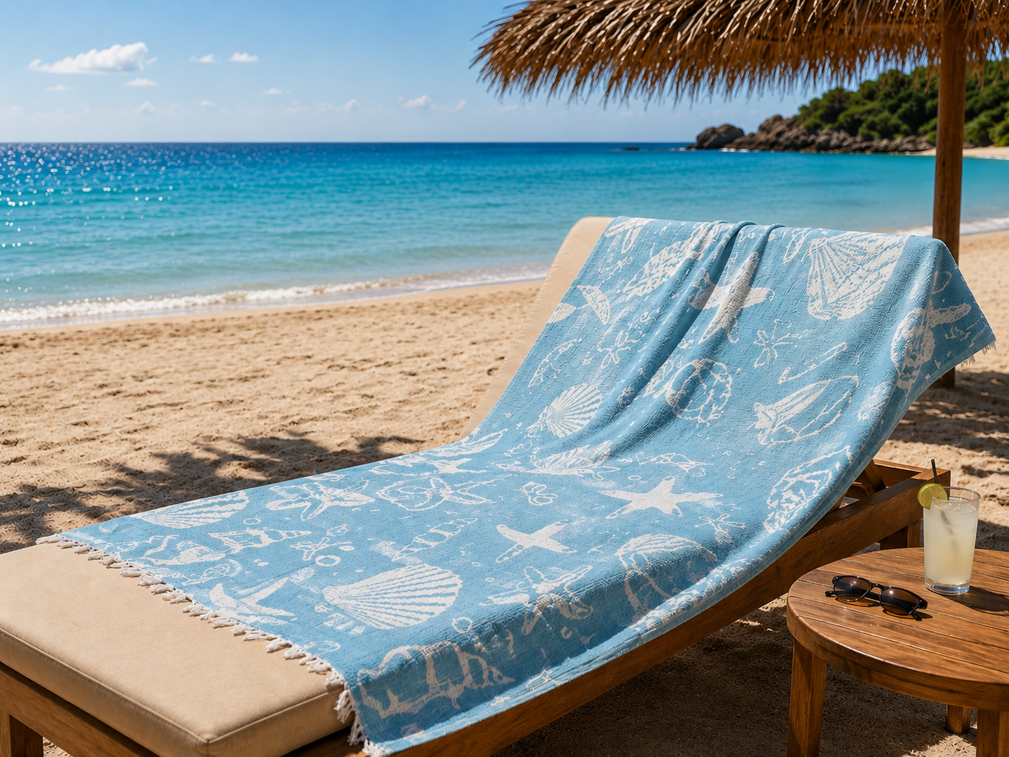 Beach Towel - Sea shells - blue & beige