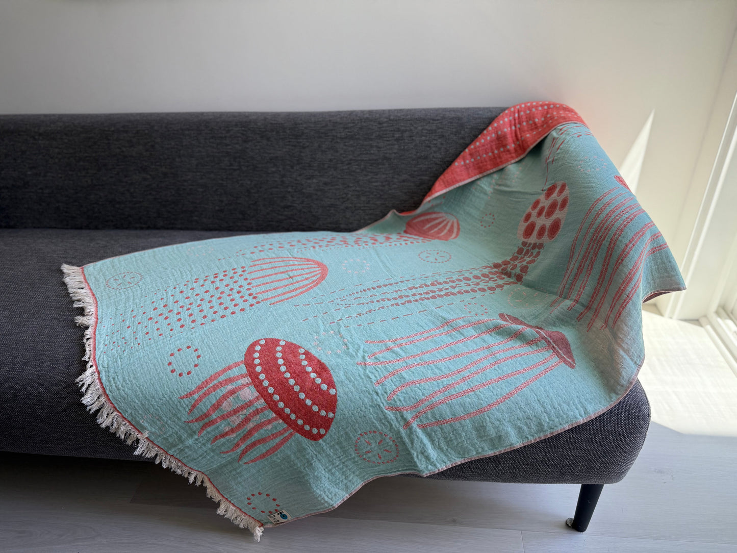 100% cotton Jelly Fish towel/throw, Coral & Turquoise