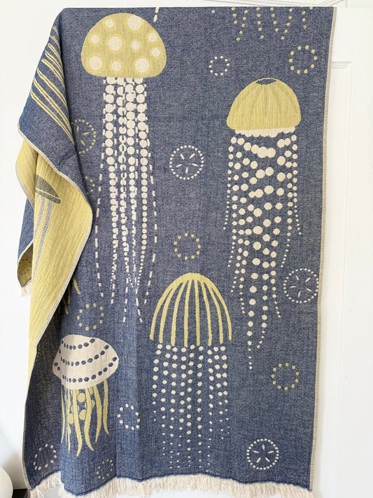100% cotton Jelly Fish towel/throw, Denim & Yellow