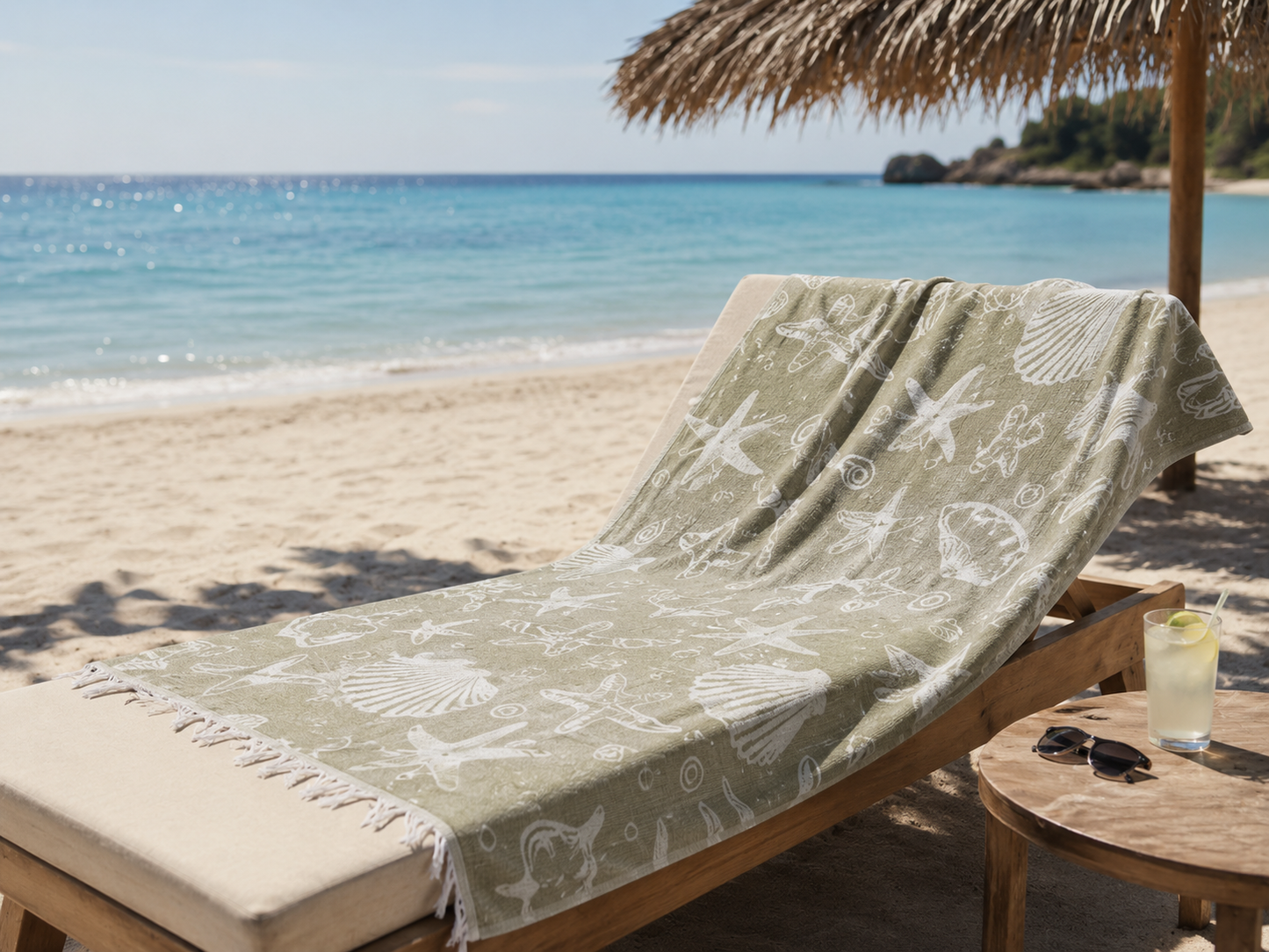 Beach Towel - Sea shells - green & beige