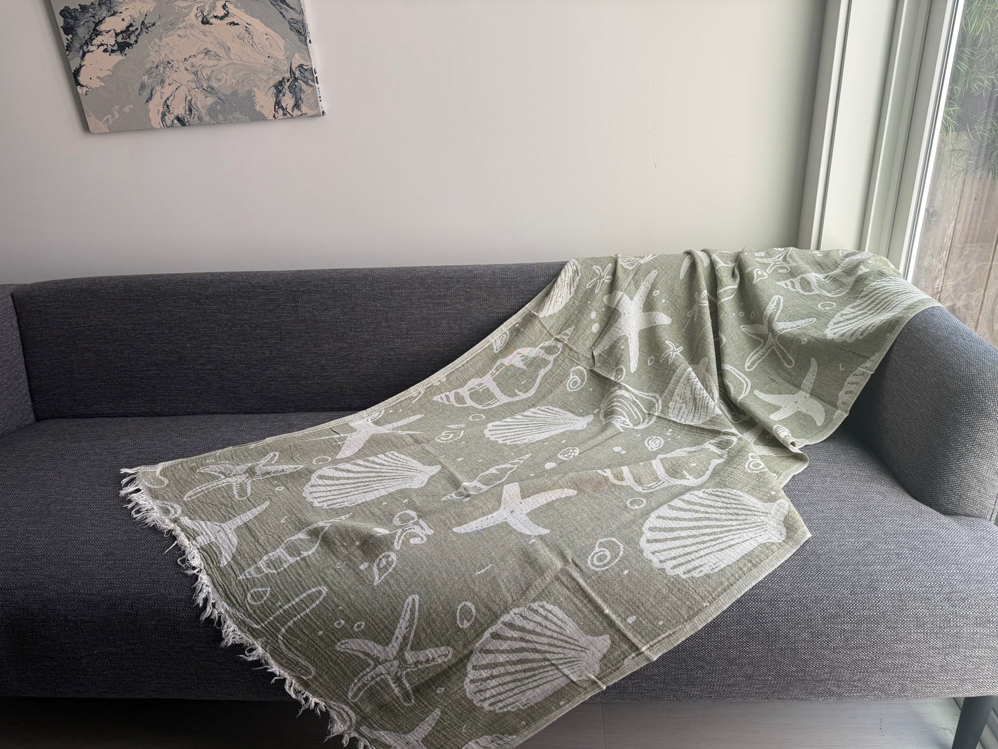 Beach Towel - Sea shells - green & beige