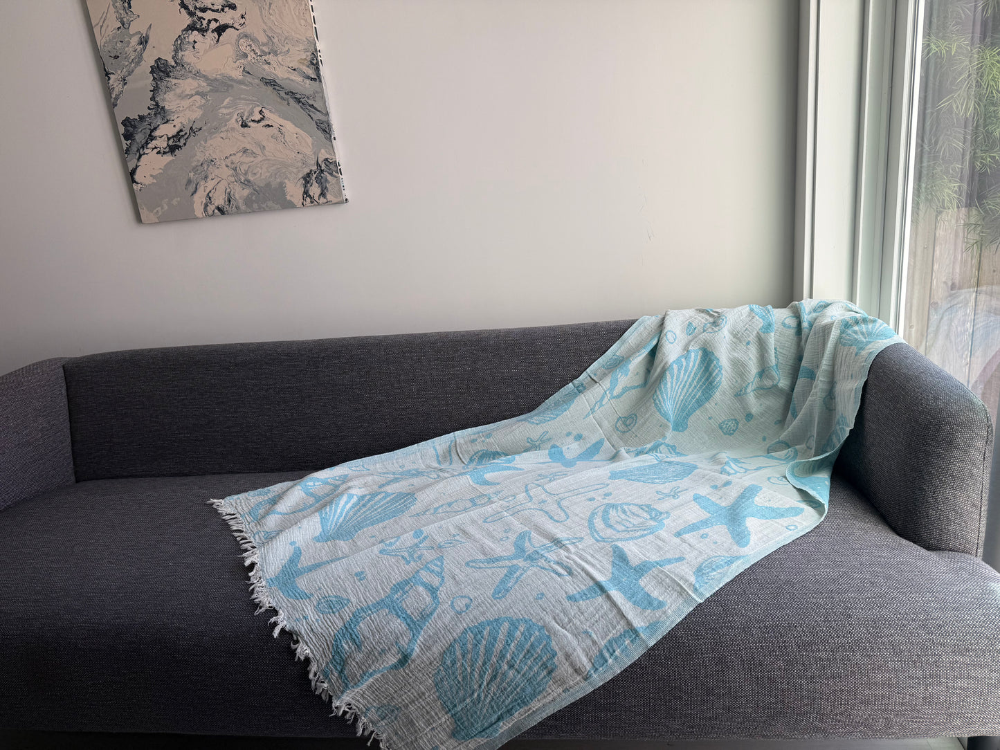 Beach Towel - Sea shells - blue & beige