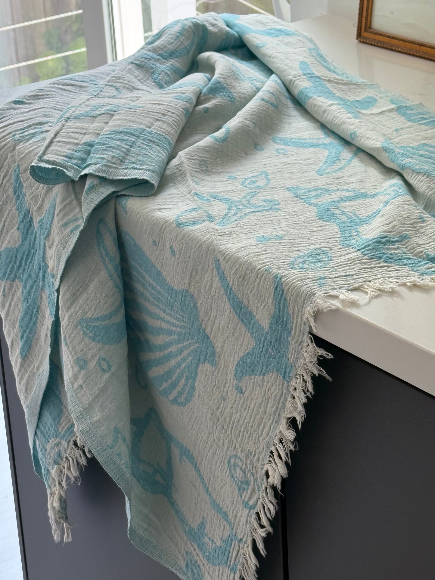 Beach Towel - Sea shells - blue & beige