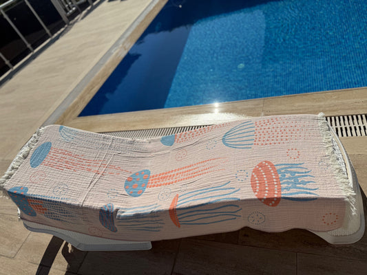 100% cotton Jelly Fish towel/throw, Light Blue & Orange