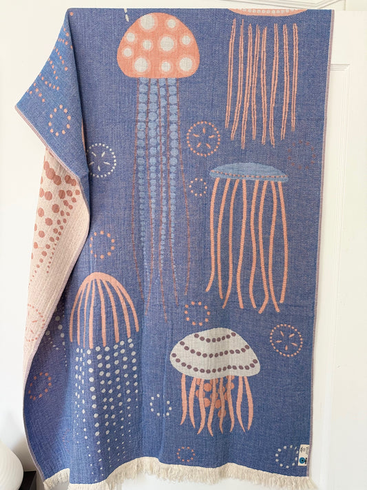 100% cotton Jelly Fish towel/throw, Denim & Orange