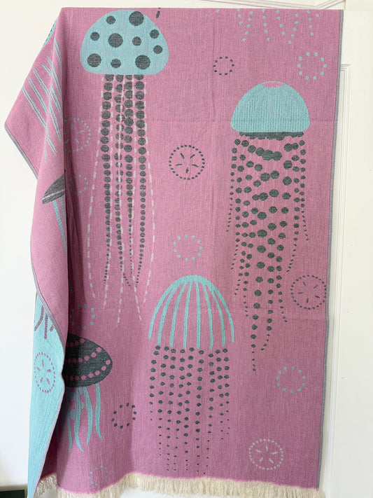 100% cotton Jelly Fish towel/throw, Pink & Turquoise & Gray