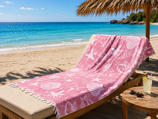 Beach Towel - Sea shells - pink & beige